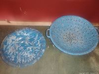 Top view of both enamelware pieces showing color, pattern, sizes
