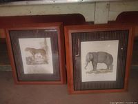 Front view showing both framed prints: leopard (left) with mold, elephant (right) clean