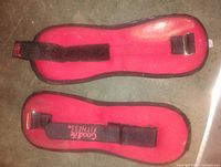 Pair of red GoodLife Fitness soft weights laid flat showing straps and branding