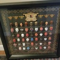 Full view of framed mask display showing frame, glass, plaque and rows of masks