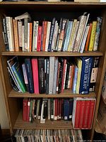 Bookshelf with three shelves of mixed hardcover and paperback books; visible The Canadian Encyclopedia set and Encyclopedia of World Aircraft