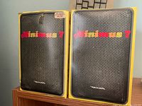 Front view of two Realistic Minimus 7 speaker boxes showing product name and brand