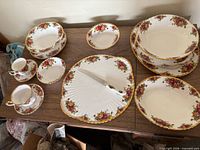 Overhead view of entire 15-piece Royal Albert Old Country Roses lot
