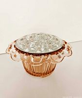 Oblique view showing pink bowl and clear flower frog assembled