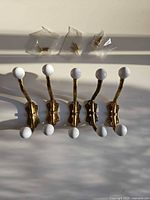 Front view of five brass hooks with porcelain tips and mounting screws bagged above
