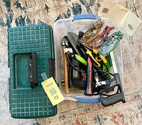 Overall lot showing toolbox and tote full of tools