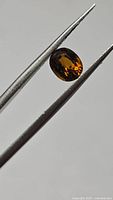 Gemstone held in tweezers showing oval shape and color