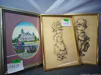 All three framed prints standing together showing images, frames, and size labels