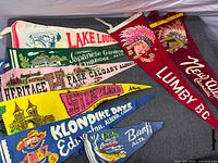 All eight vintage Canadian souvenir felt pennants laid flat showing graphics and colours