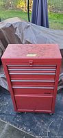Front view of closed red steel tool chest
