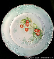 Full view of the 12.5" porcelain plate showing embossed rim and fruit painting