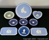 Full set of 9 Wedgwood Jasperware pieces displayed