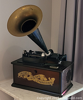 Full view of phonograph with horn attached