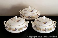 Three covered Royal Doulton casseroles front view