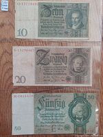 Fronts of 10, 20, 50 Reichsmark 1924 banknotes