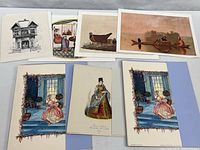 Group of assorted prints including architectural line drawing, round interior vignette, boating scene, duplicate fairy tale prints and costume portrait