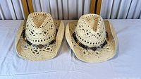 Two natural tan Bullhide Run A Muck cowboy hats side by side showing vented crowns and hatbands