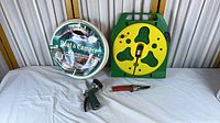 Overview of Boat & Camper hose, green/yellow reel, nozzle, shears