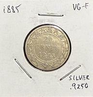 Reverse of 1875 Newfoundland 20 cents coin showing denomination, date and border design