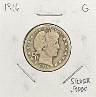 Obverse of 1916 Barber Quarter showing date and Liberty Head