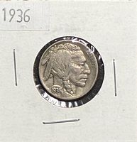 Obverse of 1936 Buffalo nickel in holder