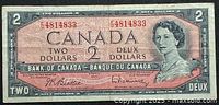 Obverse of the 1954 $2 Bank of Canada note showing portrait, denomination, serial number 4814833