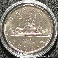 Reverse of 1968 Canadian nickel dollar in capsule