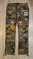 Full view of Jordan Craig camo cargo pants front with patches visible
