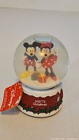 Front view of snow globe showing characters and tag