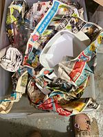 plastic tote containing wrapped dishware and visible white bowl