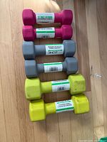 Six neoprene hand weights in three colours