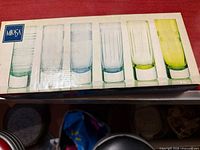Sealed Mikasa box showing six clear glass tumblers with varying textures