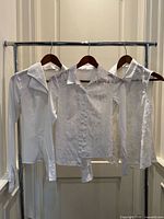 All three white shirts on hangers, front view