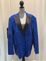 Front view of royal blue sequin blazer with black satin lapels