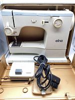 Elna Supermatic sewing machine with foot pedal, cord, inside metal case