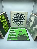 Four LP covers displayed: two patterned green designs, CBC Vancouver Chamber Orchestra album, Broadside Reunion album