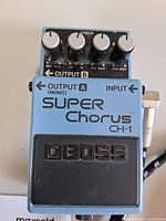 Front view of Boss CH-1 pedal showing controls, input/output labels, attached jack plug