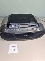 Front view of Sony boombox showing speakers, cassette deck and controls