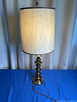 Full view of brass lamp with shade illuminated