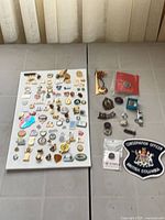 Overview of pin board, loose pins, cloth crest