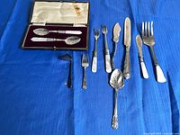 Full assortment of cutlery pieces arranged on blue cloth