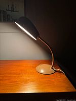 Lamp illuminated on wooden surface, showing shade interior and base