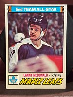 Front of 1977-78 O-Pee-Chee #110 Lanny McDonald card showing player image and Maple Leafs branding