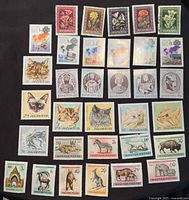 Overview of 25 assorted Hungarian stamps on black background