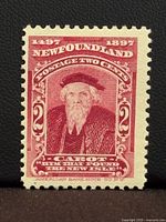 Front view of 1897 Newfoundland 2c carmine-rose John Cabot mint stamp, showing design and colour