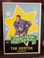 Front of 1968 O-Pee-Chee Tim Horton card showing graphics and text
