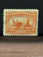 Front of 1897 Newfoundland 8¢ Fishing stamp showing design and color