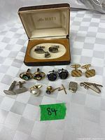 Overview of all cufflinks and tie tacks including boxed Mr Matt set