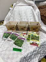 overall lot: three planters on tray and seed packets