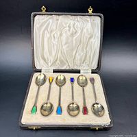 Six sterling silver enamel-handled spoons in fitted case, open view
